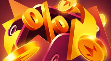 Изображение золотого символа процента в окружении золотых монет, символизирующее кэшбэк-бонус в Vulkan Prestige Онлайн-казино.